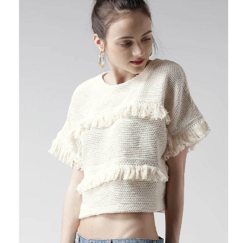 FOREVER 21 Knit Boucle Fringe Winter Crop Sweater Top - Sz L - Picture 2 of 6